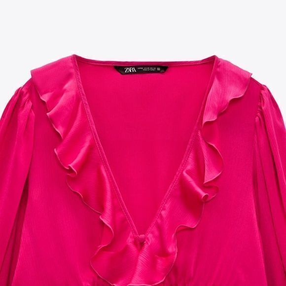 NEW ZARA‎ WOMAN SIZE L RUFFLED BLOUSE TOP FUCHSIA V NECK LONG SLEEVE - Picture 8 of 8